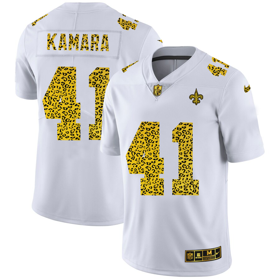 New Orleans Saints #41 Alvin Kamara Men Nike Flocked Leopard Print Vapor Limited NFL Jersey White